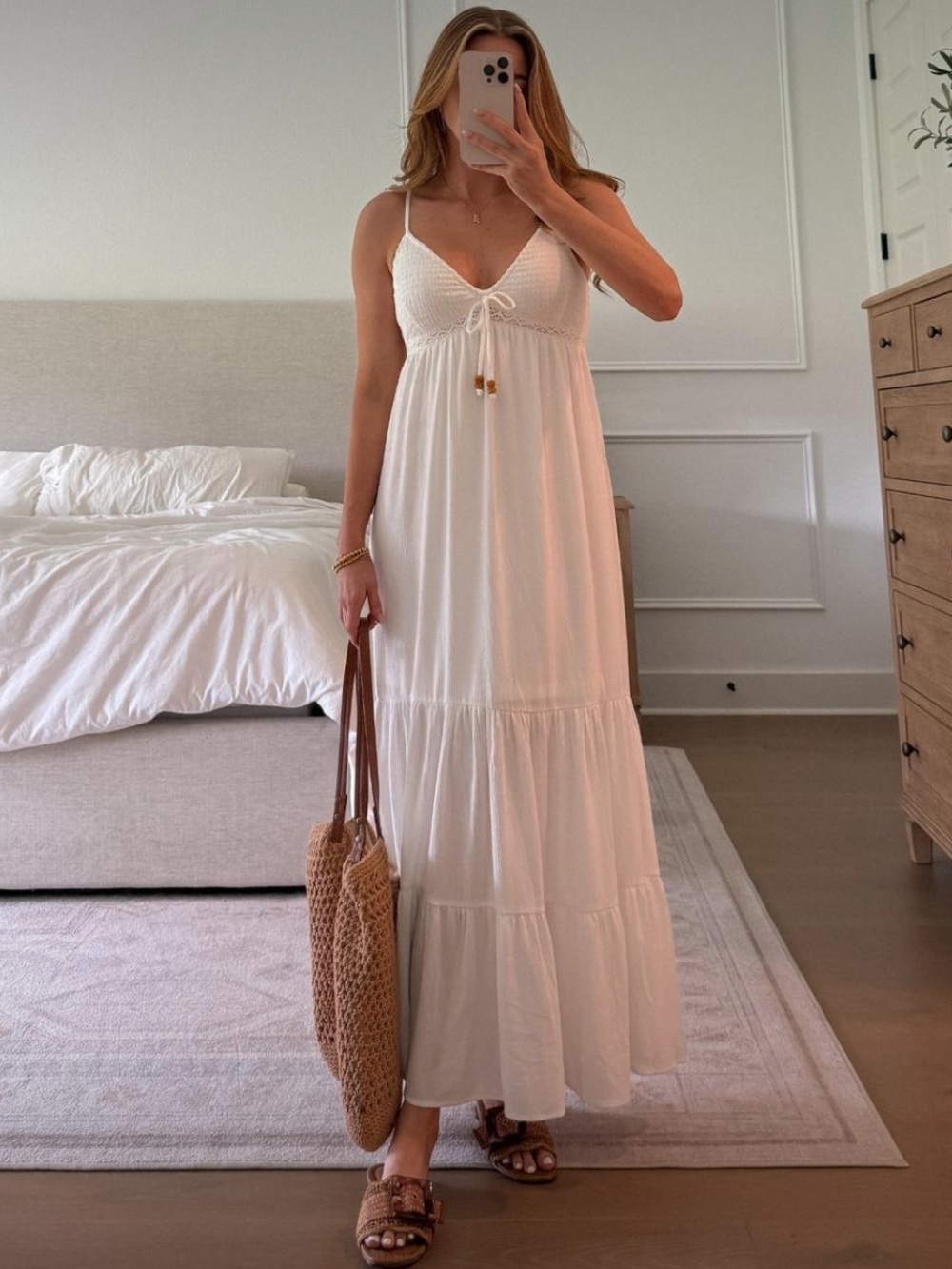 Women’s White Tiered Maxi Dress with Tie Detail